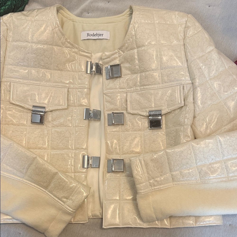 Rodebjer Cream Quilted Cropped Blazer with Silver Clasps